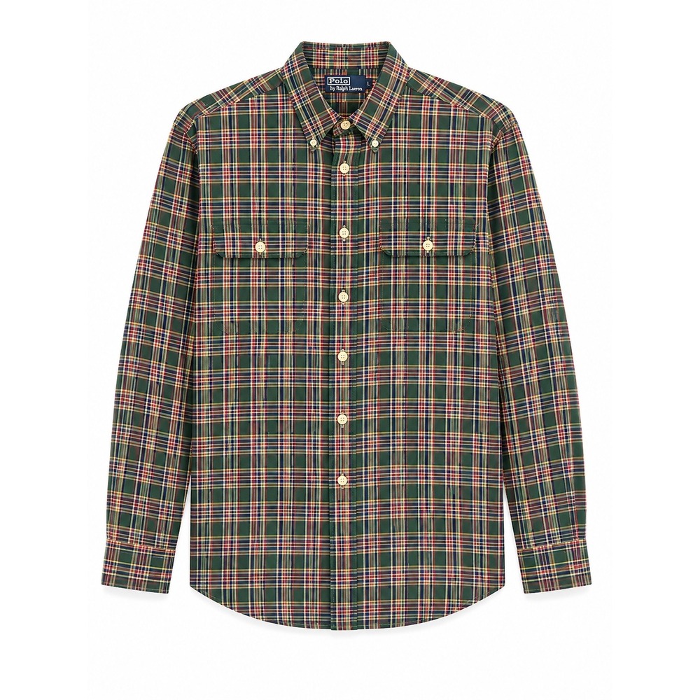 Polo Ralph Lauren Mens L Green Plaid Shirt Suede Elbow Patches Button Down VTG